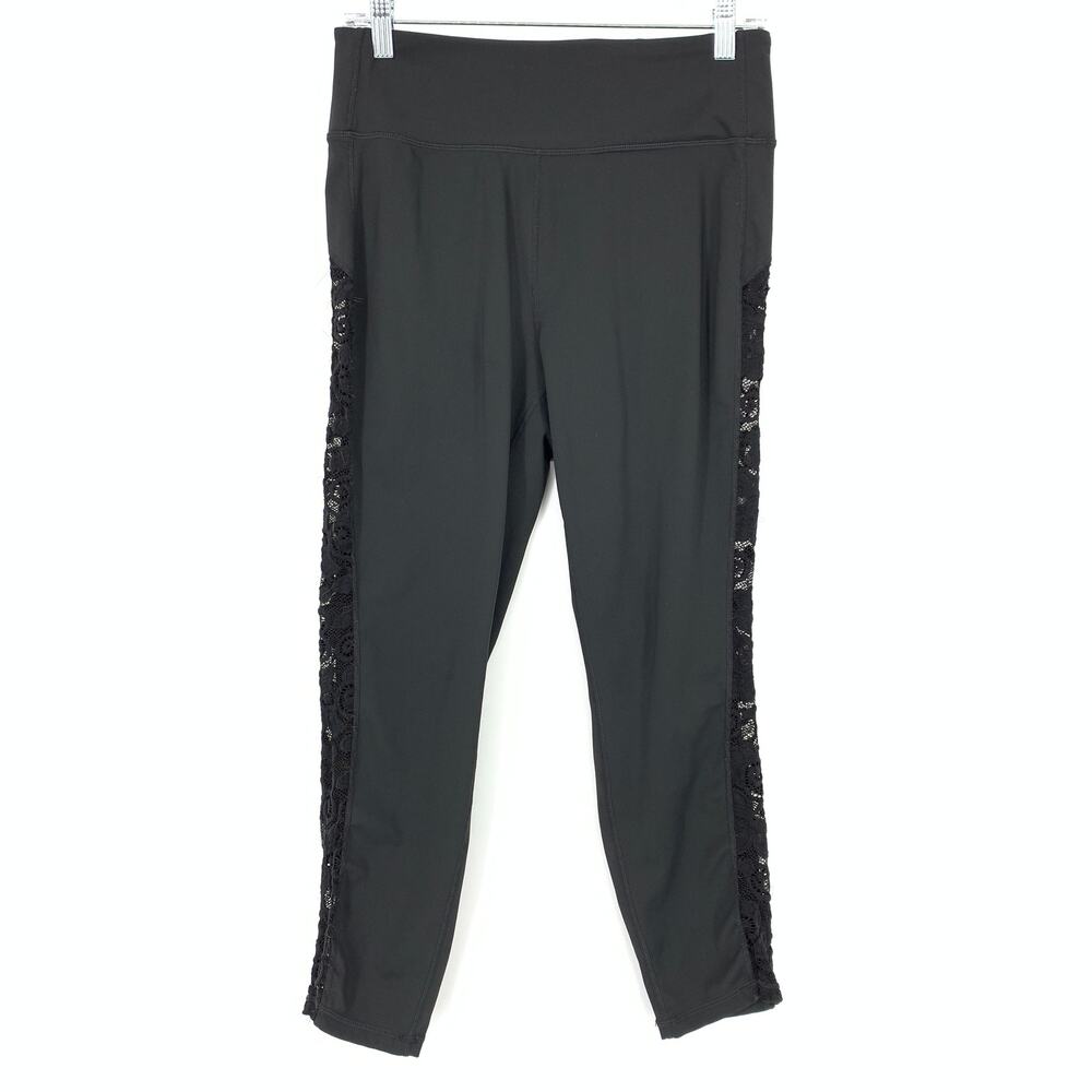 Walk Pop Leggings Women's Size M Lace Panel Trim Down Leg Active Black